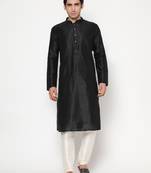 Black Silk Kurta Pajama Set in with White Churidar Ethnic Outfit for Festivals & Weddings