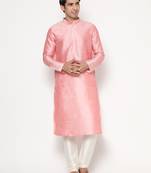 Baby pink Silk Kurta Pajama Set in with White Churidar Ethnic Outfit for Festivals & Weddings