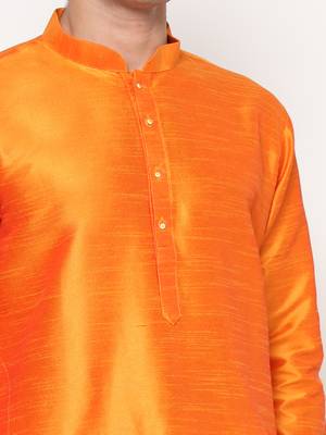 Orange Silk Kurta Pajama Set in with White Churidar Ethnic Outfit for Festivals & Weddings 5