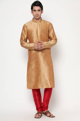 Gold Silk Kurta Pajama Set in with Red Churidar Ethnic Outfit for Festivals & Weddings
