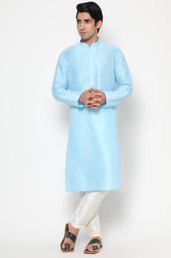 Blue Silk Kurta Pajama Set in with White Churidar Ethnic Outfit for Festivals & Weddings