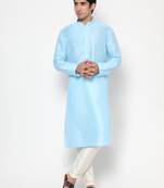Blue Silk Kurta Pajama Set in with White Churidar Ethnic Outfit for Festivals & Weddings
