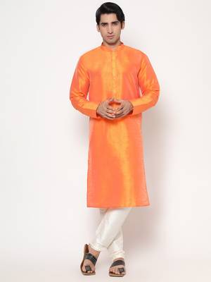 Orange Silk Kurta Pajama Set in with White Churidar Ethnic Outfit for Festivals & Weddings 1
