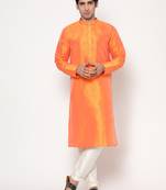 Orange Silk Kurta Pajama Set in with White Churidar Ethnic Outfit for Festivals & Weddings