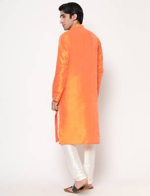 Orange Silk Kurta Pajama Set in with White Churidar Ethnic Outfit for Festivals & Weddings 2