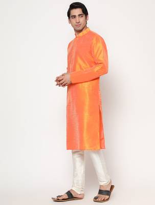 Orange Silk Kurta Pajama Set in with White Churidar Ethnic Outfit for Festivals & Weddings 3