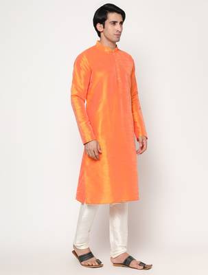 Orange Silk Kurta Pajama Set in with White Churidar Ethnic Outfit for Festivals & Weddings 4