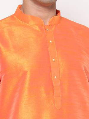 Orange Silk Kurta Pajama Set in with White Churidar Ethnic Outfit for Festivals & Weddings 5