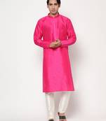 Fuchsia Silk Kurta Pajama Set in with White Churidar Ethnic Outfit for Festivals & Weddings