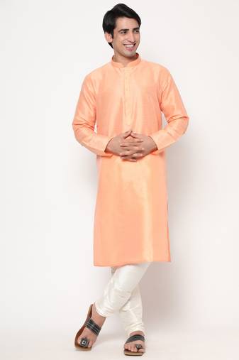 Coral Silk Kurta Pajama Set in with White Churidar Ethnic Outfit for Festivals & Weddings