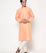 Coral Silk Kurta Pajama Set in with White Churidar Ethnic Outfit for Festivals & Weddings