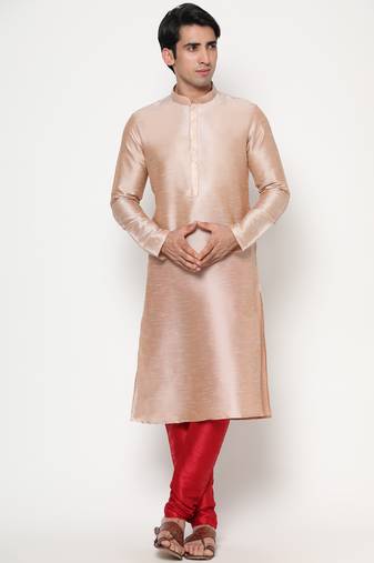 Beige Silk Kurta Pajama Set in with Red Churidar Ethnic Outfit for Festivals & Weddings