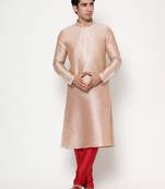 Beige Silk Kurta Pajama Set in with Red Churidar Ethnic Outfit for Festivals & Weddings