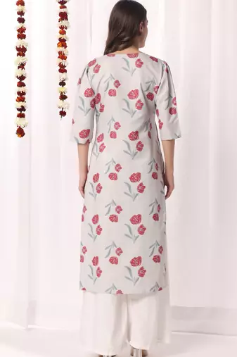 Olive green cotton printed a-line kurta for women