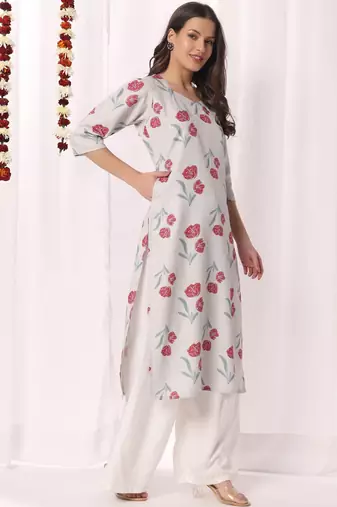 Olive green cotton printed a-line kurta for women