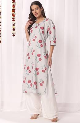 Olive green cotton printed a-line kurta for women 4