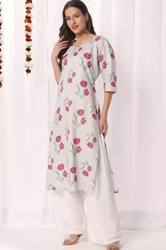 Olive green cotton printed a-line kurta for women