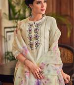 cream full work suit set with floral organza dupatta