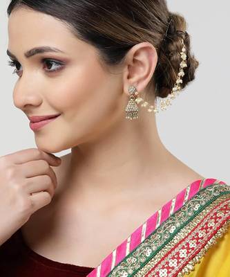 women gold plated pearls studded classic layered ear chain earrings 2