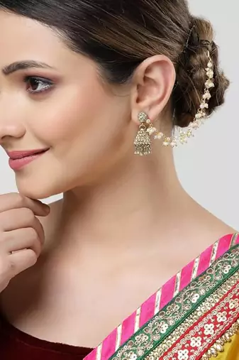 women gold plated pearls studded classic layered ear chain earrings