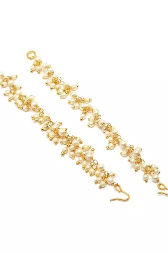 women gold plated pearls studded classic layered ear chain earrings