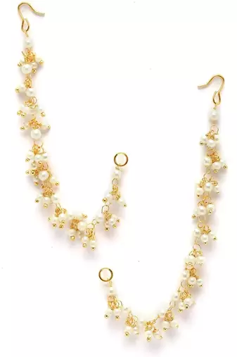 women gold plated pearls studded classic layered ear chain earrings