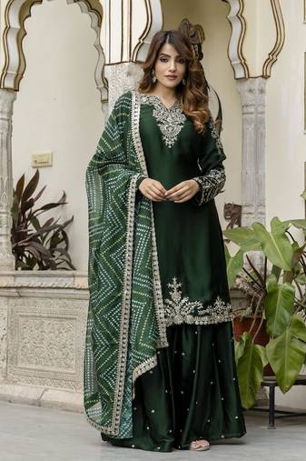 Dark Green Satin Embroidery Skirt Kurta with Dupatta Set