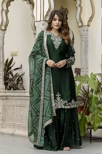 Dark Green Satin Embroidery Skirt Kurta with Dupatta Set