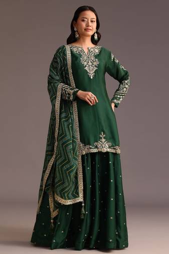 Dark Green Satin Embroidery Skirt Kurta with Dupatta Set