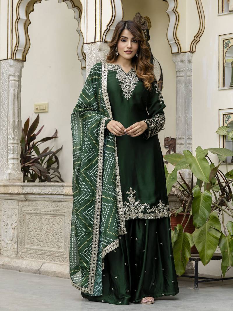 Dark Green Satin Embroidery Skirt Kurta with Dupatta Set