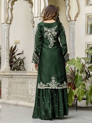 Dark Green Satin Embroidery Skirt Kurta with Dupatta Set 3