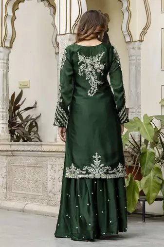 Trendmalls Dark Green Satin Embroidery Skirt Kurta with Dupatta Set