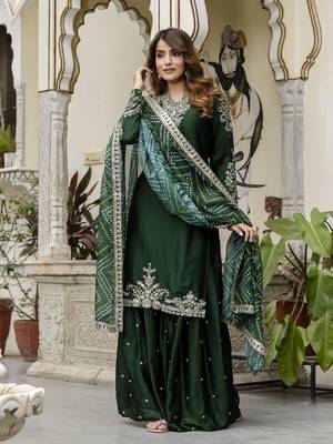 Dark Green Satin Embroidery Skirt Kurta with Dupatta Set 4