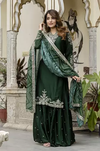 Trendmalls Dark Green Satin Embroidery Skirt Kurta with Dupatta Set