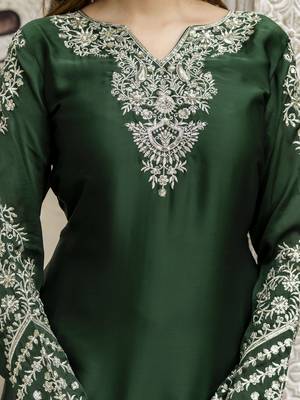Dark Green Satin Embroidery Skirt Kurta with Dupatta Set 5