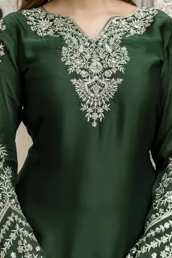 Trendmalls Dark Green Satin Embroidery Skirt Kurta with Dupatta Set