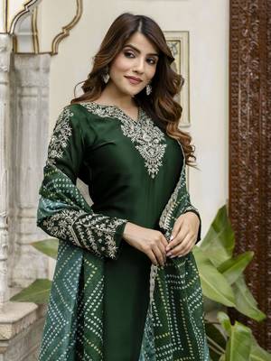 Dark Green Satin Embroidery Skirt Kurta with Dupatta Set 6