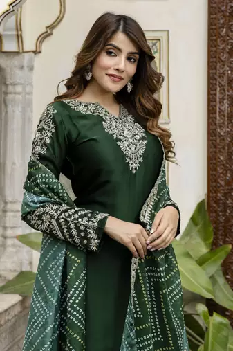 Trendmalls Dark Green Satin Embroidery Skirt Kurta with Dupatta Set