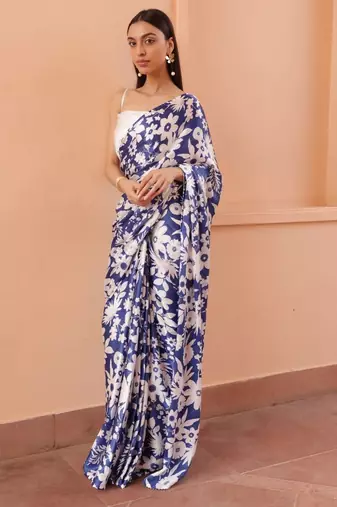 Blue and white elegant digital printed saree