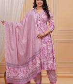 Baby pink printed kurti & heram pant with voile printed dupatta and v- neckline with button quarter half sleeves length