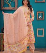 Mustard printed kurti & heram pant with voile printed dupatta and v- neckline with button quarter half sleeves length