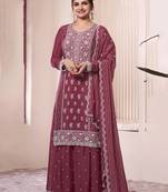 Mauve embroidered chinon free size palazzo style salwar suit