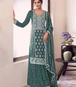 Green embroidered chinon free size palazzo style salwar suit