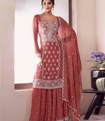 Orange embroidered chinon free size palazzo style salwar suit