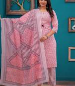 Baby pink ethnic printed kurti & trouser with voile printed dupatta
