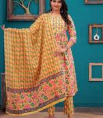 Yellow floral printed kurti & trouser with voile printed dupatta