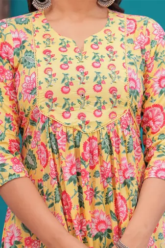 Yellow floral printed kurti & trouser with voile printed dupatta