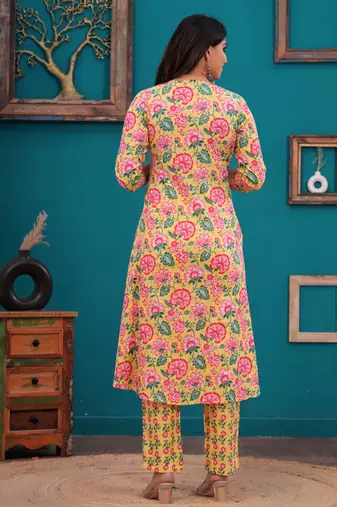Yellow floral printed kurti & trouser with voile printed dupatta