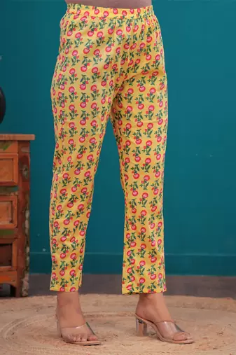 Yellow floral printed kurti & trouser with voile printed dupatta