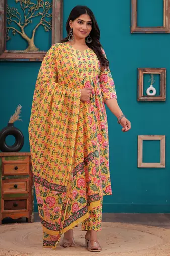 Yellow floral printed kurti & trouser with voile printed dupatta